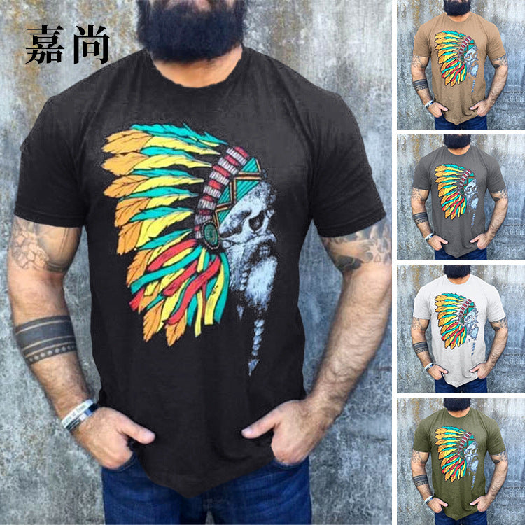 Herren T-Shirt mit auffälligem Totenkopf- und Federschmuck-Print – Orvano