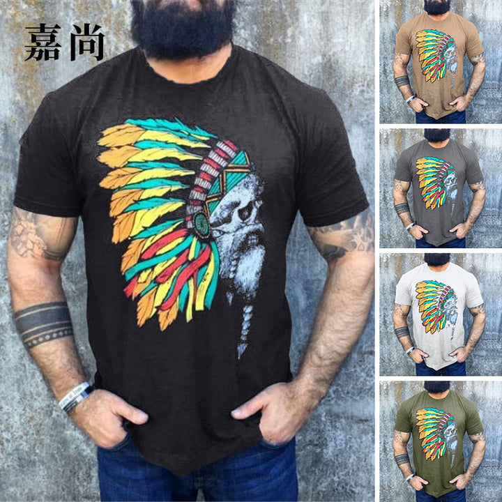 Herren T-Shirt mit auffälligem Totenkopf- und Federschmuck-Print – Orvano