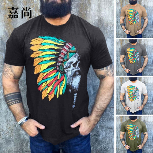 Herren T-Shirt mit auffälligem Totenkopf- und Federschmuck-Print – Orvano