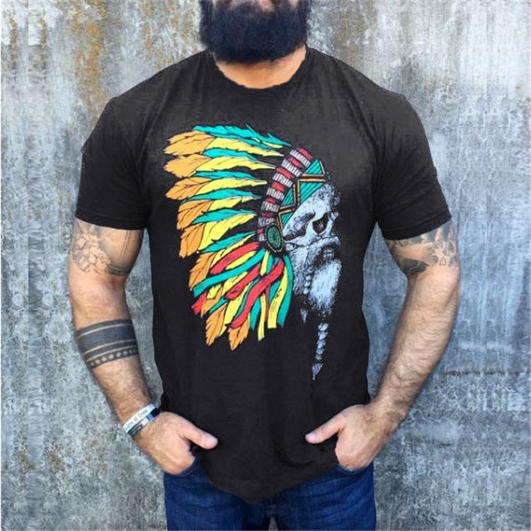 Herren T-Shirt mit auffälligem Totenkopf- und Federschmuck-Print – Orvano