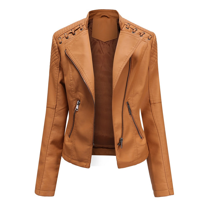 Damen nan kurze Bikerjacke aus Kunstleder mit dekorativen Ösenschnürungen an den Schultern Echo Archiv