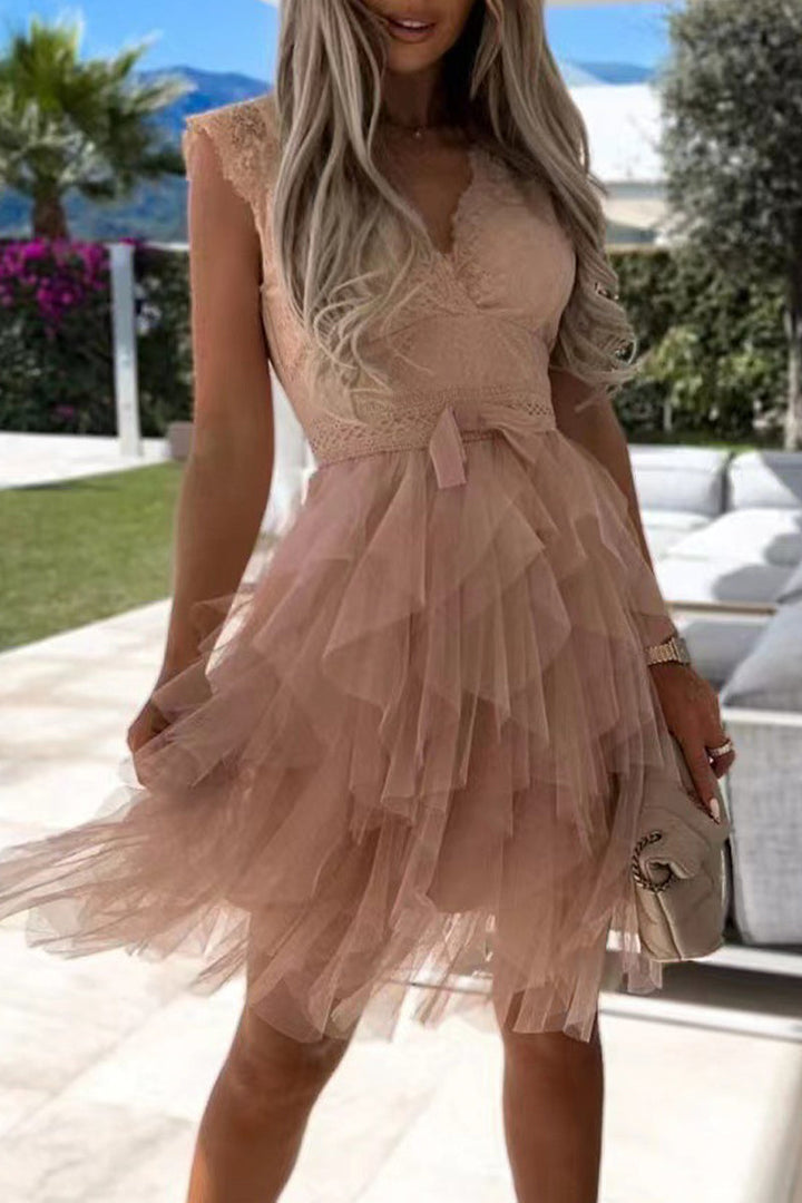 Echoarchiv | Süß Elegante Einfarbige Mesh V-Ausschnitt Ungleichmäßiges Kleid Kleider- 3 Farben