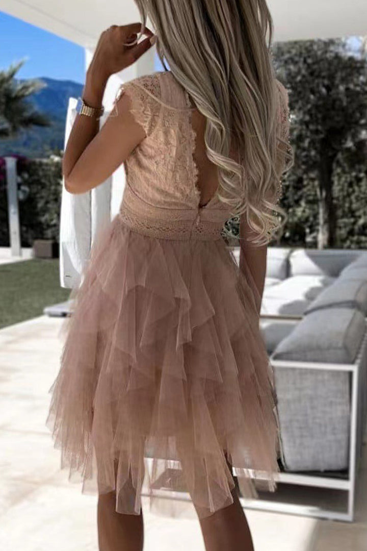 Echoarchiv | Süß Elegante Einfarbige Mesh V-Ausschnitt Ungleichmäßiges Kleid Kleider- 3 Farben