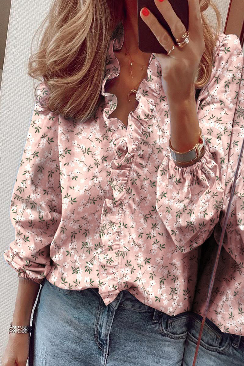 Bluse mit langen Ärmeln V-Ausschnitt und Rüschen