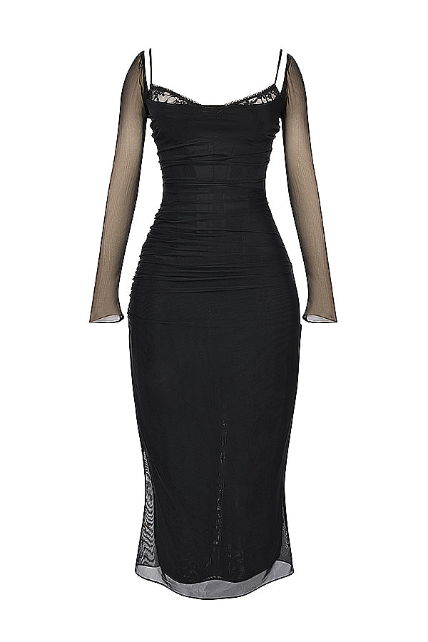 Echoarchiv | Elegantes Maxikleid mit tiefem Ausschnitt und langen Ärmeln
