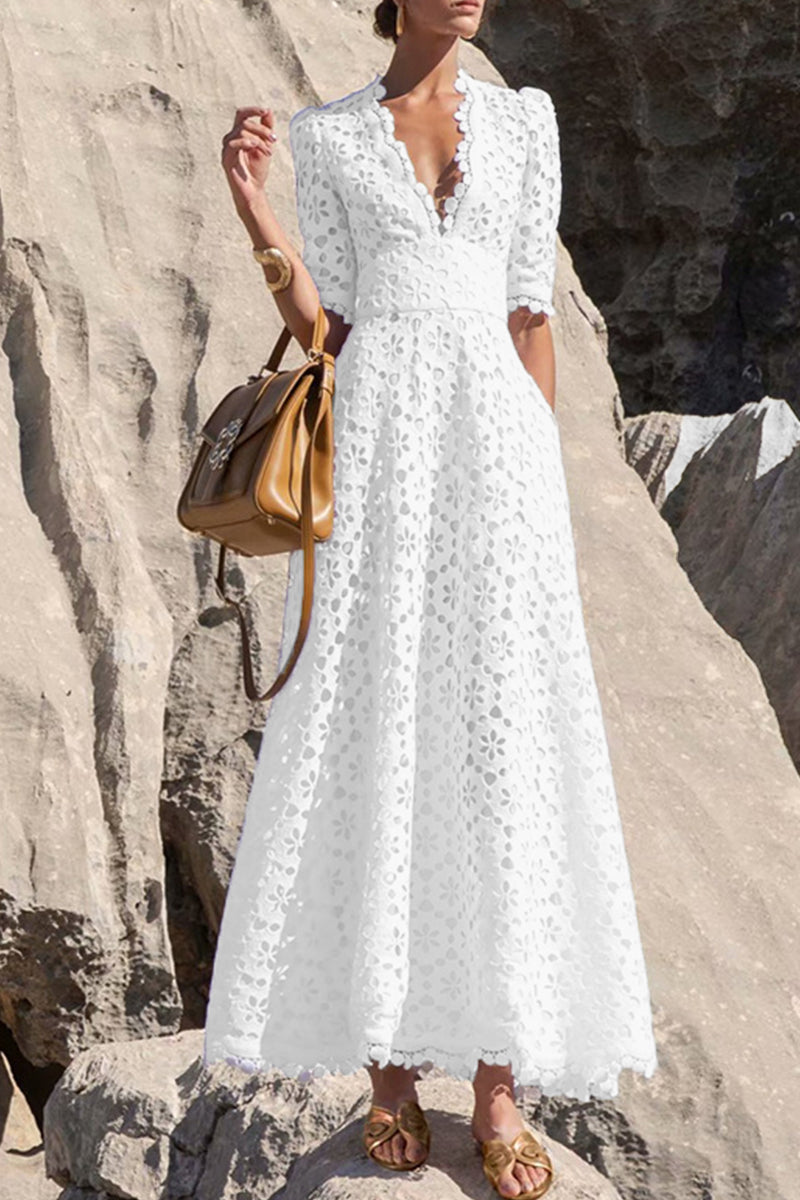 Echoarchiv | Elegante Einfarbige Ausgehöhlte V-Ausschnitt Taillierte Rock Kurzarm Kleid
