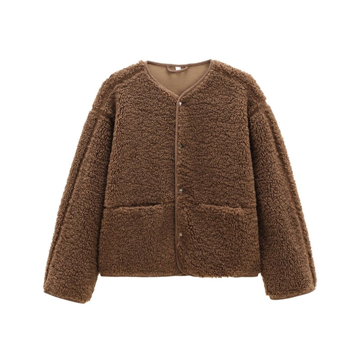 Damen Teddyfleece-Jacke, Rundhalsausschnitt, schlicht