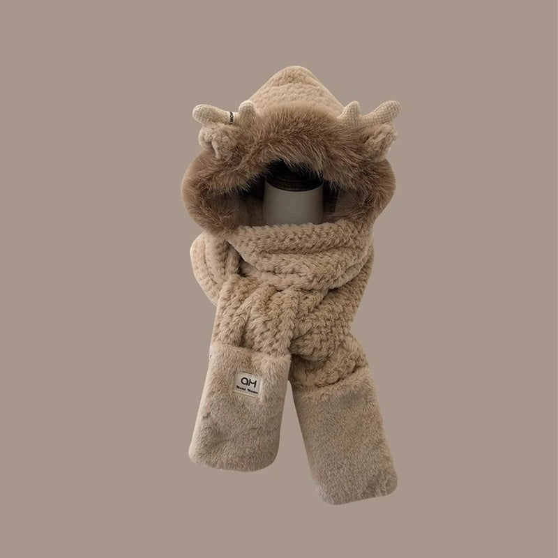 Damen Winter-Set: Plüsch-Kapuzenmütze mit Schal und Handschuhen