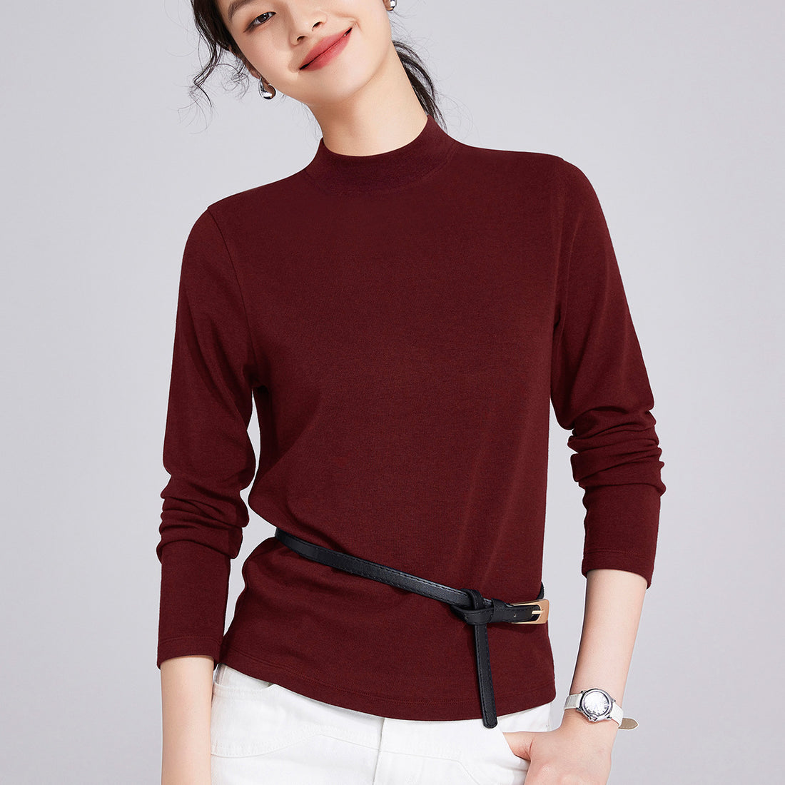 Damen-Langarmshirt aus Wollmischung mit Stehkragen
