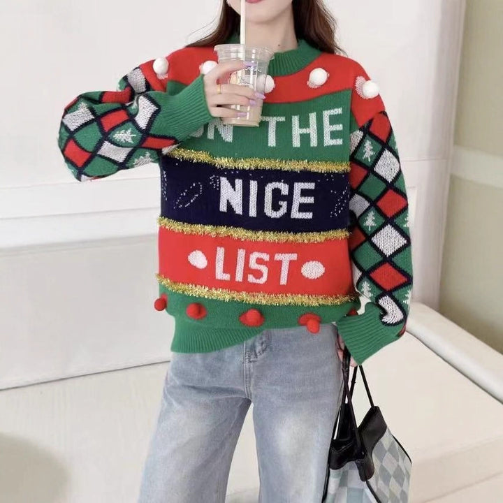 Damen-Weihnachtspullover mit Buchstaben-Jacquard und Goldstreifen