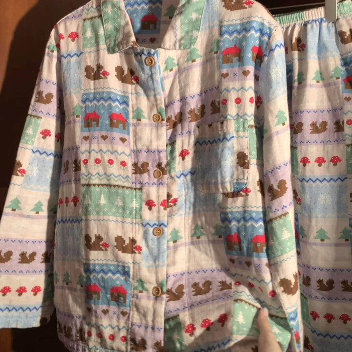 Damen-Pyjama-Set, langärmelig, mit Hütten-Druck