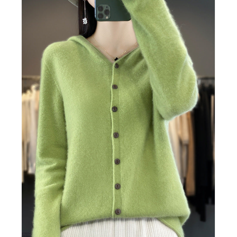 Damen-Strickjacke aus Merinowolle mit Kapuze