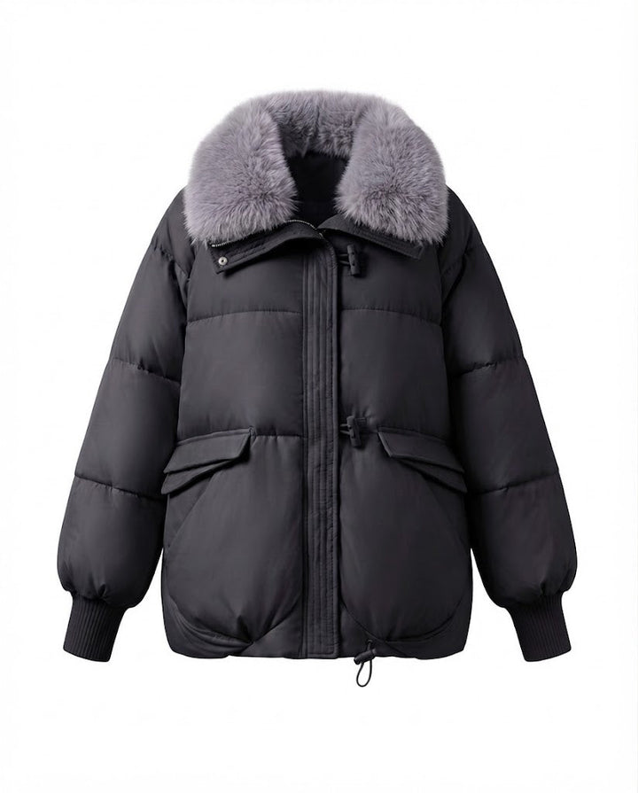 Damen moderne oversized Pufferjacke mit voluminösem Teddy-Kragen, verdecktem Zwei-Wege-Reißverschluss und verstellbarem Saum