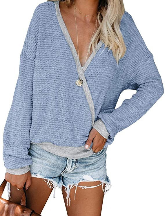 Damen Lockerer Waffelstrick-Pullover mit tiefem V-Ausschnitt und Lagen‑Look Echo Archiv