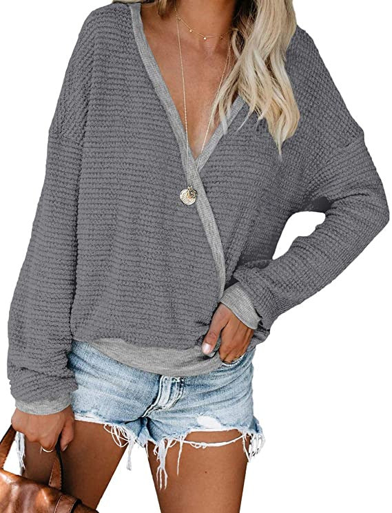 Damen Lockerer Waffelstrick-Pullover mit tiefem V-Ausschnitt und Lagen‑Look Echo Archiv