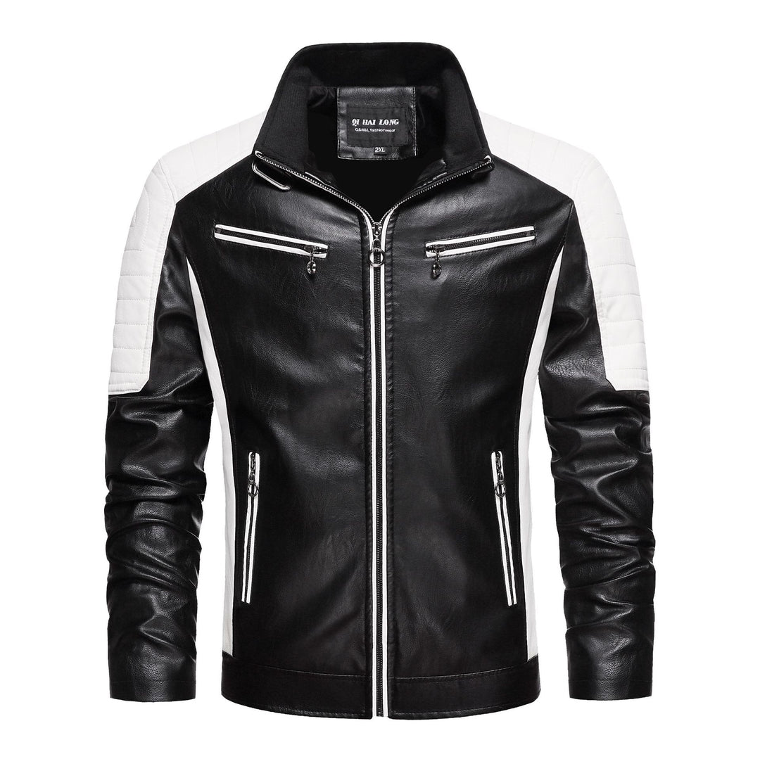 Herren Kunstleder-Bikerjacke im Retro-Racer-Stil mit gesteppter Schulterpanele und Kontrastbesatz Echoarchiv