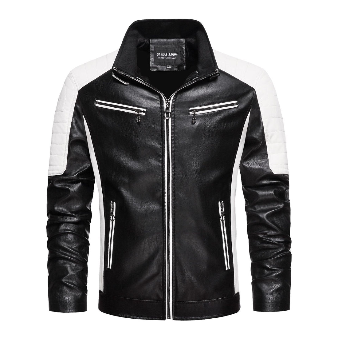 Herren Kunstleder-Bikerjacke im Retro-Racer-Stil mit gesteppter Schulterpanele und Kontrastbesatz Echoarchiv
