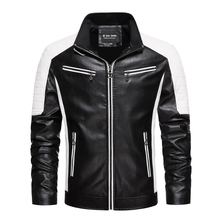 Herren Kunstleder-Bikerjacke im Retro-Racer-Stil mit gesteppter Schulterpanele und Kontrastbesatz Echoarchiv