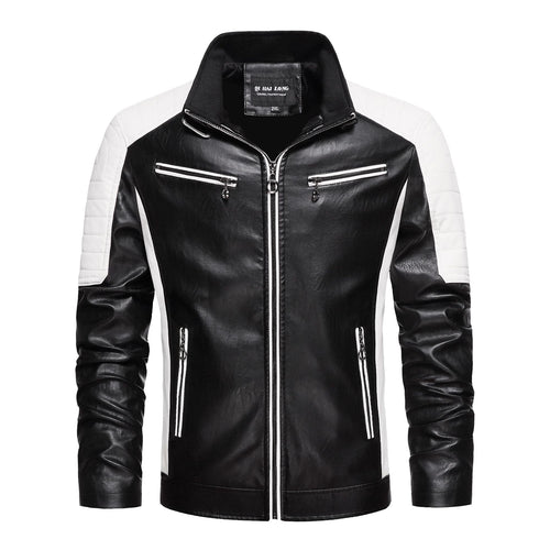 Herren Kunstleder-Bikerjacke im Retro-Racer-Stil mit gesteppter Schulterpanele und Kontrastbesatz Echoarchiv