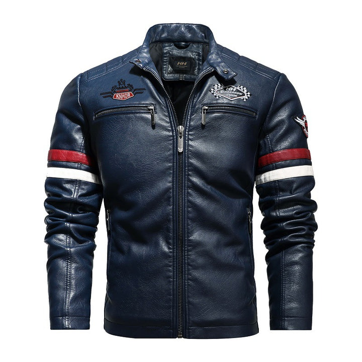 Herren Kunstlederjacke im sportlichen Retro-Stil mit Patches und praktischen Reißverschlusstaschen Echoarchiv