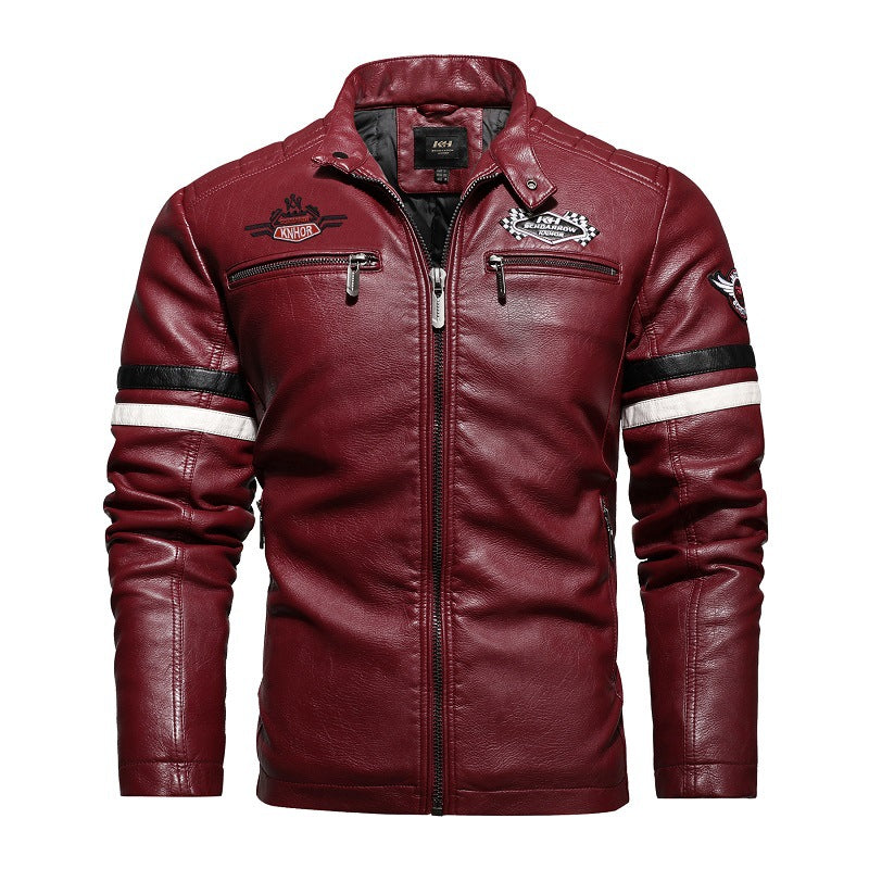 Herren Kunstlederjacke im sportlichen Retro-Stil mit Patches und praktischen Reißverschlusstaschen Echoarchiv