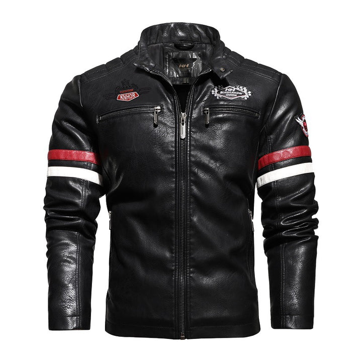 Herren Kunstlederjacke im sportlichen Retro-Stil mit Patches und praktischen Reißverschlusstaschen Echoarchiv