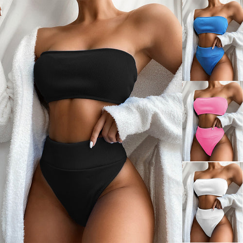 Damen Hochgeschnittener Bandeau-Bikini mit Rippstruktur Echo Archiv