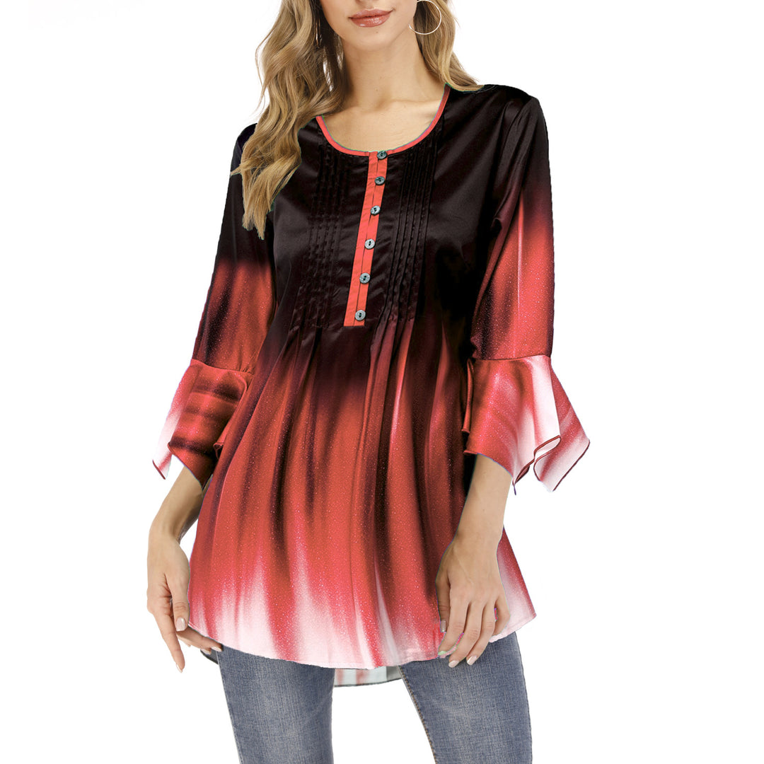 Damen Tunika-Bluse mit Kellerfalten, Schlitzknopfleiste und Glockenärmeln Echoarchiv