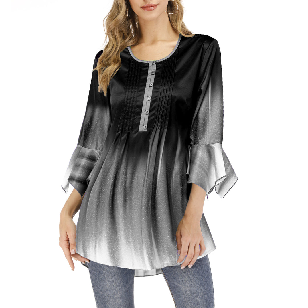 Damen Tunika-Bluse mit Kellerfalten, Schlitzknopfleiste und Glockenärmeln Echoarchiv