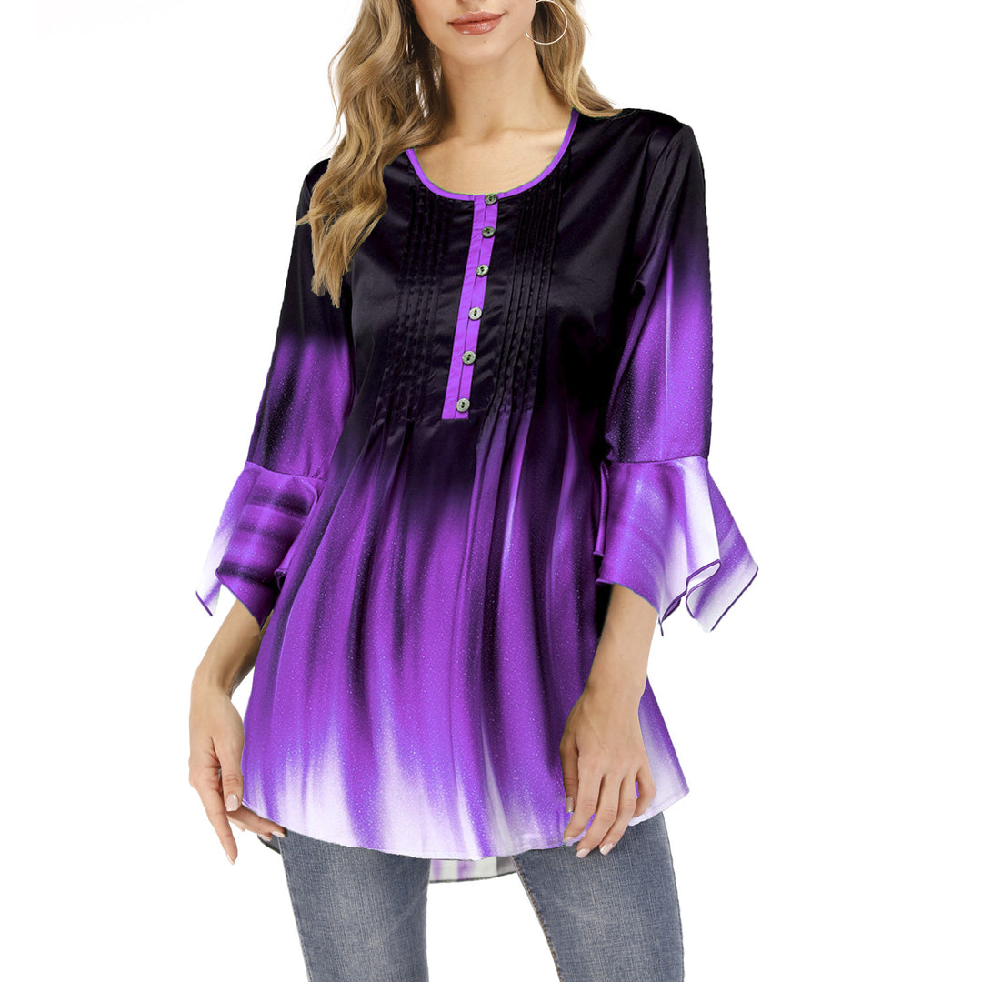 Damen Tunika-Bluse mit Kellerfalten, Schlitzknopfleiste und Glockenärmeln Echoarchiv