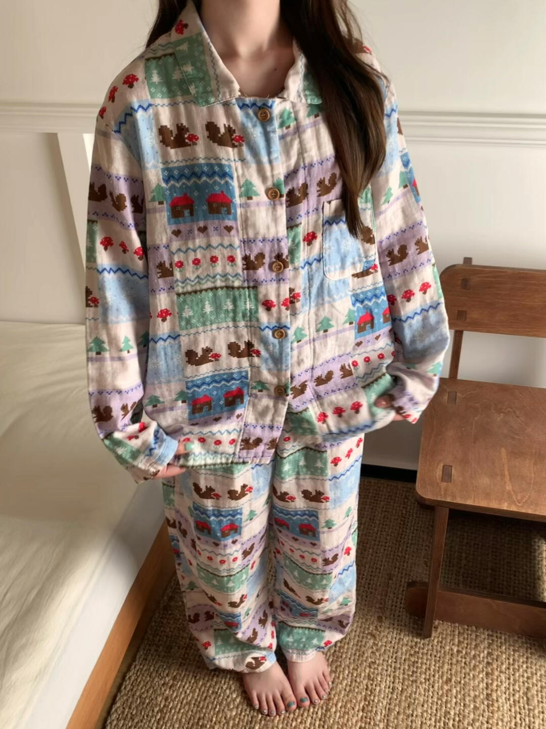 Damen-Pyjama-Set, langärmelig, mit Hütten-Druck