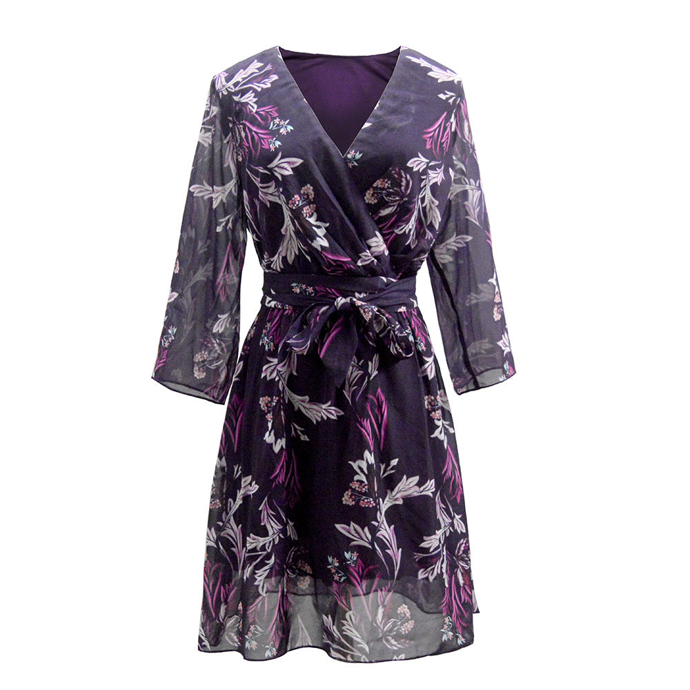 Damen Chiffon Wickelkleid mit floralem Alloverprint V‑Ausschnitt & Bindegürtel Echoarchiv