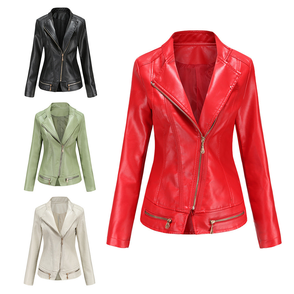 Damen nan taillierter Kunstleder-Blazer mit diagonalem Reißverschluss und Ziernähten Echo Archiv