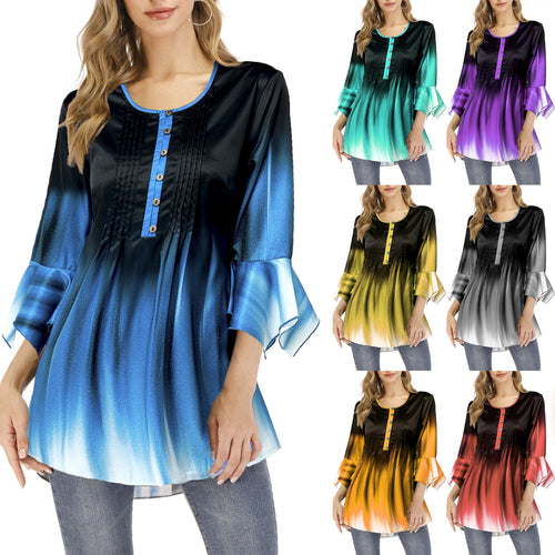 Damen Tunika-Bluse mit Kellerfalten, Schlitzknopfleiste und Glockenärmeln Echoarchiv
