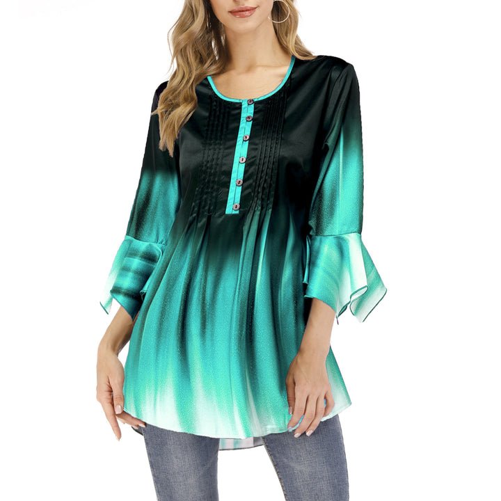 Damen Tunika-Bluse mit Kellerfalten, Schlitzknopfleiste und Glockenärmeln Echoarchiv