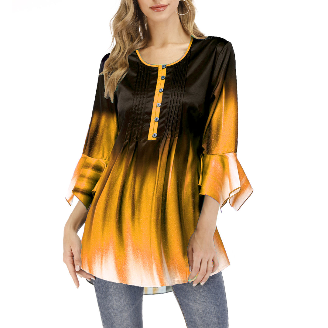 Damen Tunika-Bluse mit Kellerfalten, Schlitzknopfleiste und Glockenärmeln Echoarchiv