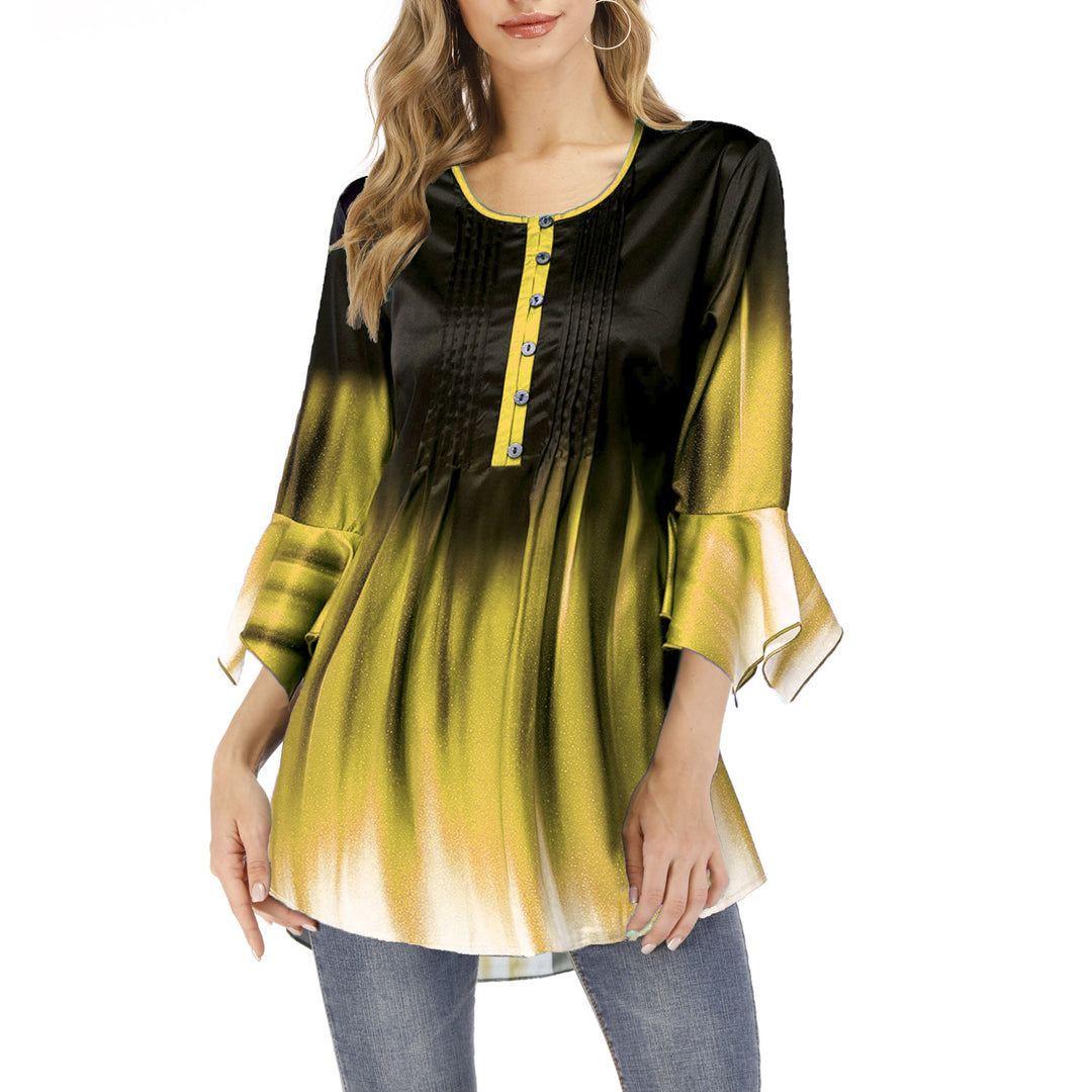 Damen Tunika-Bluse mit Kellerfalten, Schlitzknopfleiste und Glockenärmeln Echoarchiv