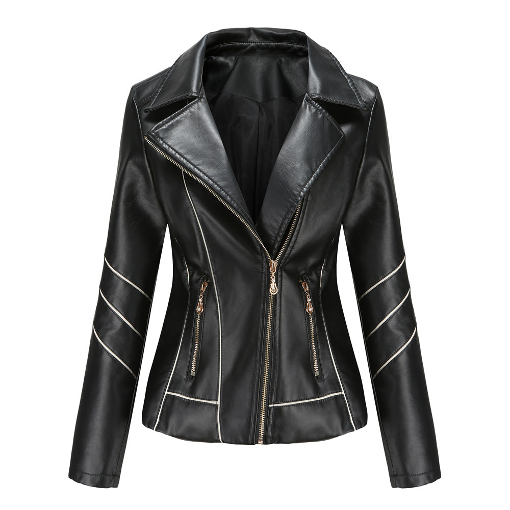 Damen nan taillierte Kunstleder-Bikerjacke mit asymmetrischem Reißverschluss und Ziernähten Echo Archiv