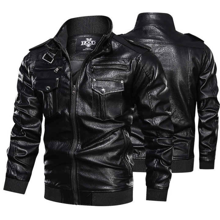 Herren stilvolle Lederjacke mit praktischen Reißverschlusstaschen und trendigem Stehkragen Echoarchiv