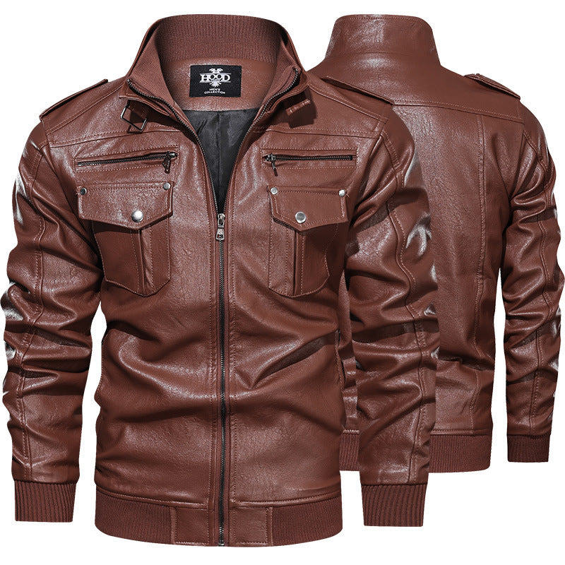 Herren stilvolle Lederjacke mit praktischen Reißverschlusstaschen und trendigem Stehkragen Echoarchiv