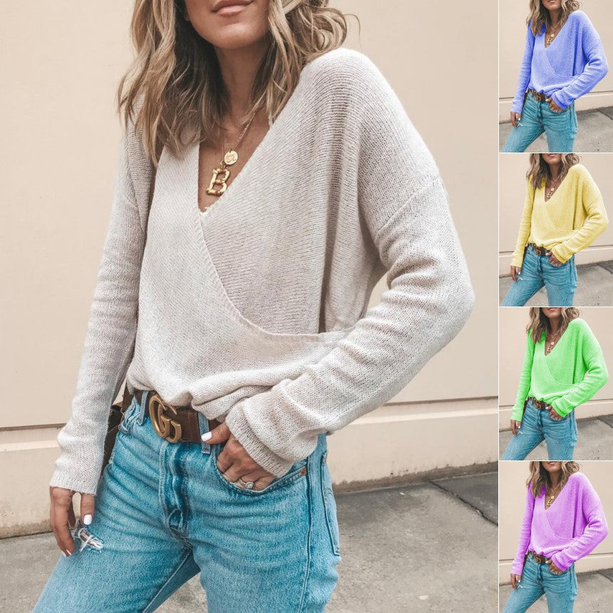 Damen Leichter Oversized Strickpullover mit Wickeloptik und V-Ausschnitt Echoarchiv