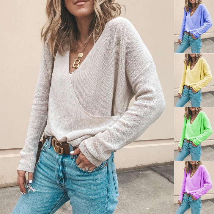 Damen Leichter Oversized Strickpullover mit Wickeloptik und V-Ausschnitt Echoarchiv