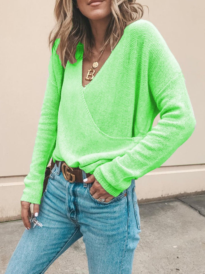 Damen Leichter Oversized Strickpullover mit Wickeloptik und V-Ausschnitt Echoarchiv