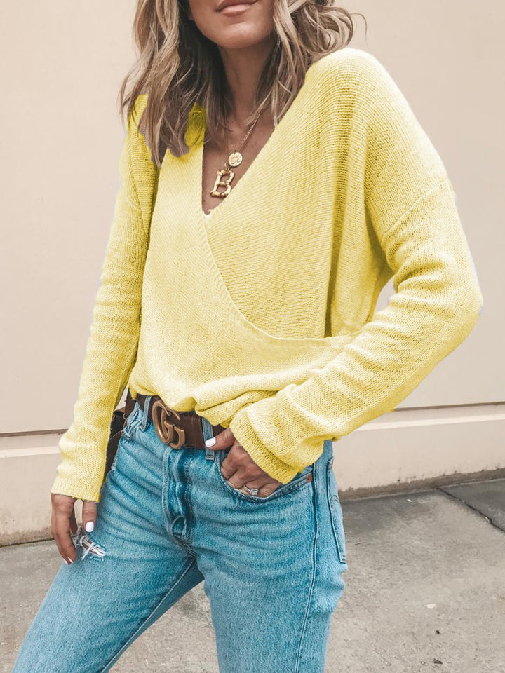 Damen Leichter Oversized Strickpullover mit Wickeloptik und V-Ausschnitt Echoarchiv