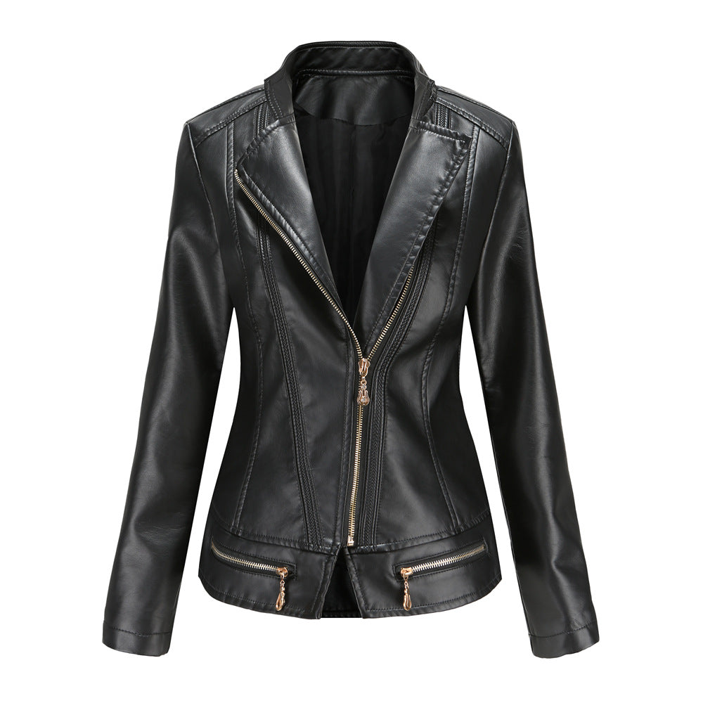 Damen nan taillierter Kunstleder-Blazer mit diagonalem Reißverschluss und Ziernähten Echo Archiv