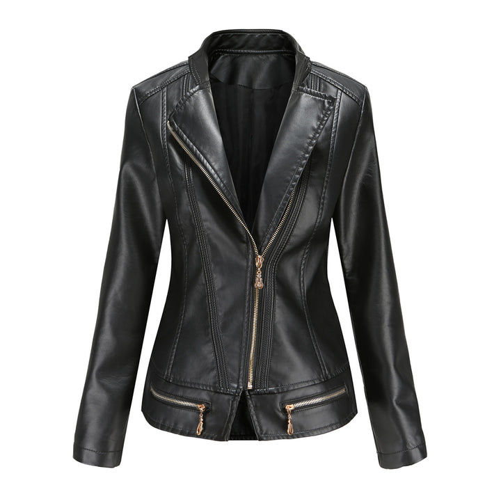 Damen nan taillierter Kunstleder-Blazer mit diagonalem Reißverschluss und Ziernähten Echo Archiv