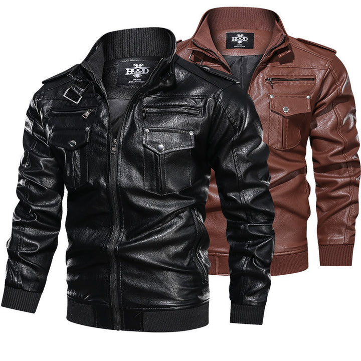 Herren stilvolle Lederjacke mit praktischen Reißverschlusstaschen und trendigem Stehkragen Echoarchiv