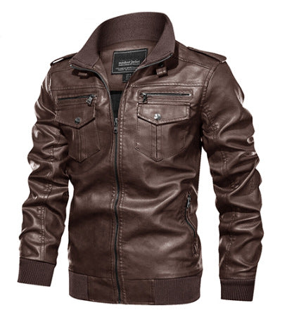 Herren stilvolle Lederjacke mit praktischen Reißverschlusstaschen und trendigem Stehkragen Echoarchiv