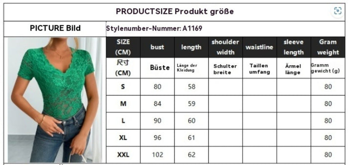 Damen Einfarbig Sexy Spitze V-Ausschnitt Kurzarm – Avérine