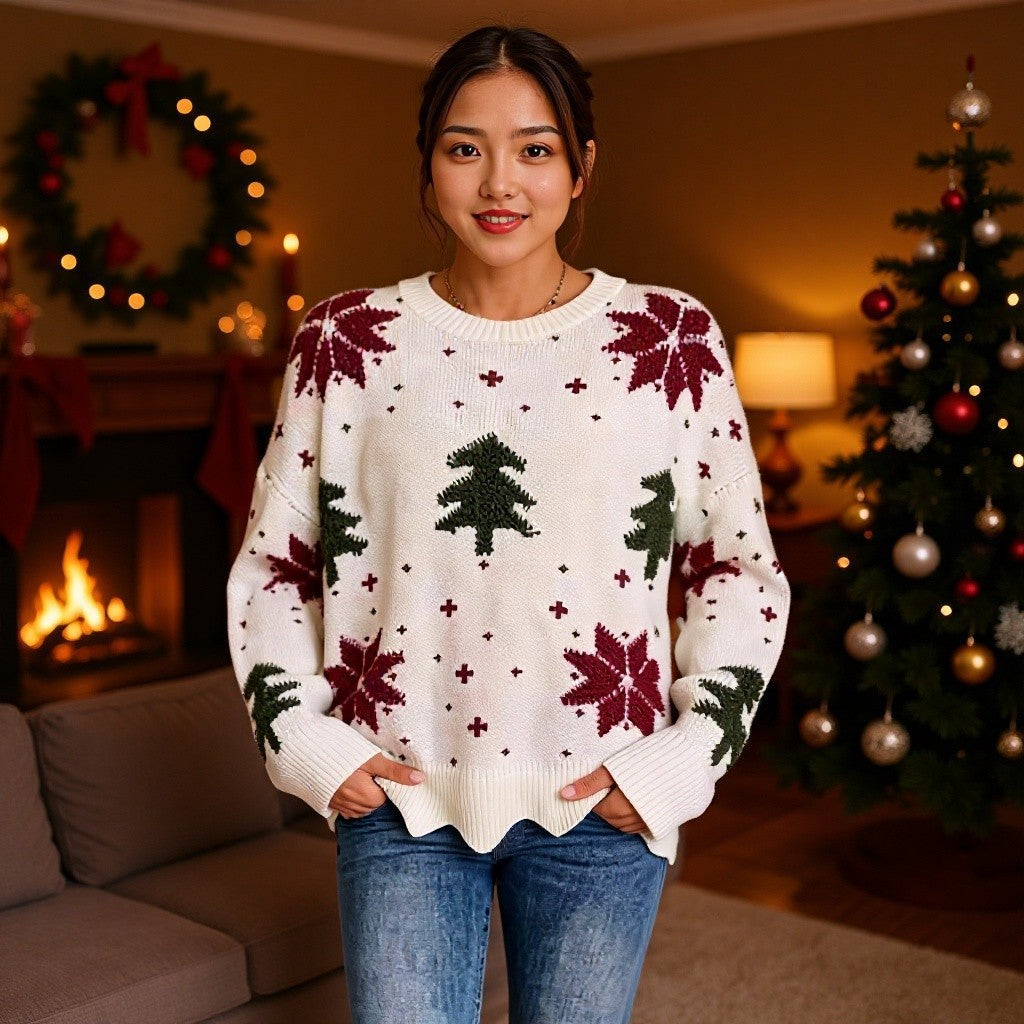 Damen-Strickpullover mit Rundhalsausschnitt und Blumenmuster